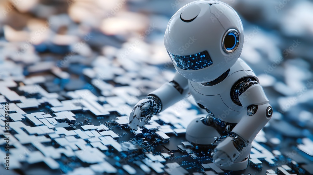 Poster futuristic robot exploring metallic circuits and digital components