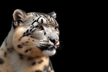 Fototapeta premium Photo of a snow leopard isolated against a black background, emphasising the snow leopard's majestic features. Wildlife and conservation concept, space for copy.