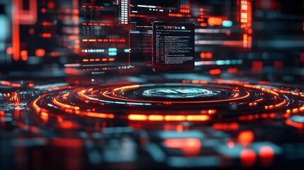 Innovative Futuristic Digital Technology Interface with Holographic Visualization and Cyberpunk Inspired Graphic Design