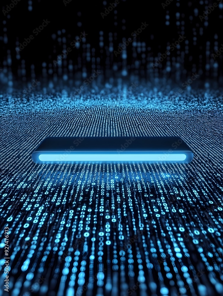 Aufkleber futuristic luminous blue digital grid with flowing pixel particles in dark abstract 3d background