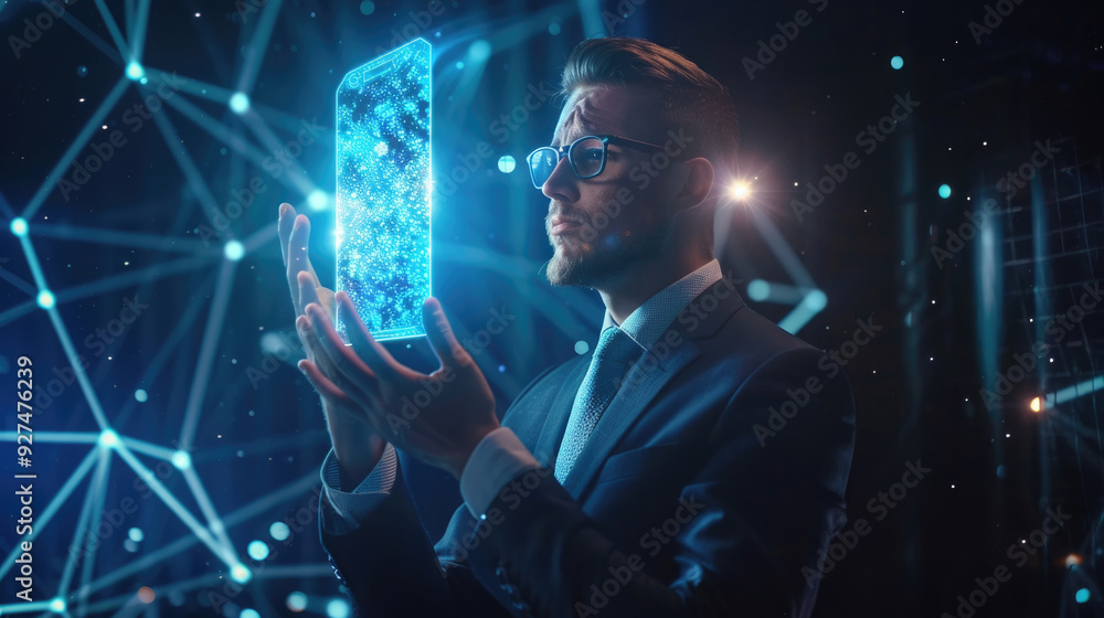 Poster a businessman gazes at a holographic smartphone displaying vibrant data while surrounded by digital 