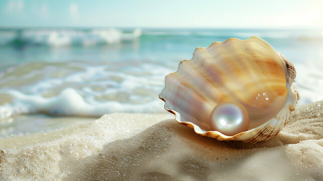 The image shows an open shell containing a pearl lying on a sandy shore. In the background, waves are rolling onto the beach under a clear sky