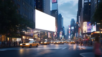 Fototapeta premium A towering digital advertisement displayed on a large mockup white empty billboard in a crowded metropolitan area.