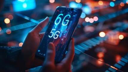 A hand navigates an advanced gadget, delving into the ultra-fast world of 6G mobile connectivity, showcasing tech's boundless potential.