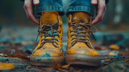 Man's hands grip muddy boots, a result of a walk in rain. Close-up shot detailing the wet weather's consequences.