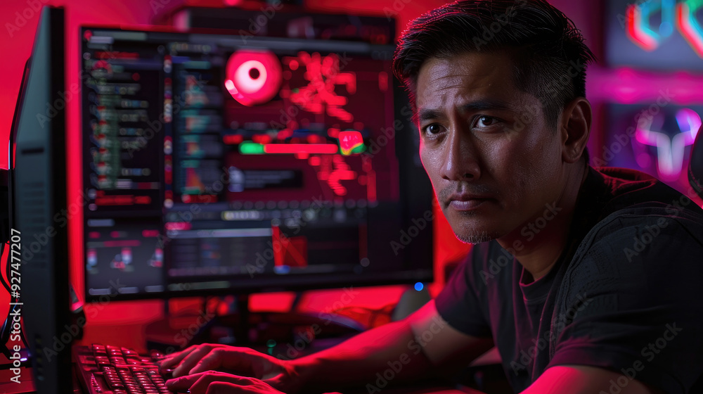 Poster a person intensely studies data on computer screens illuminated by red light