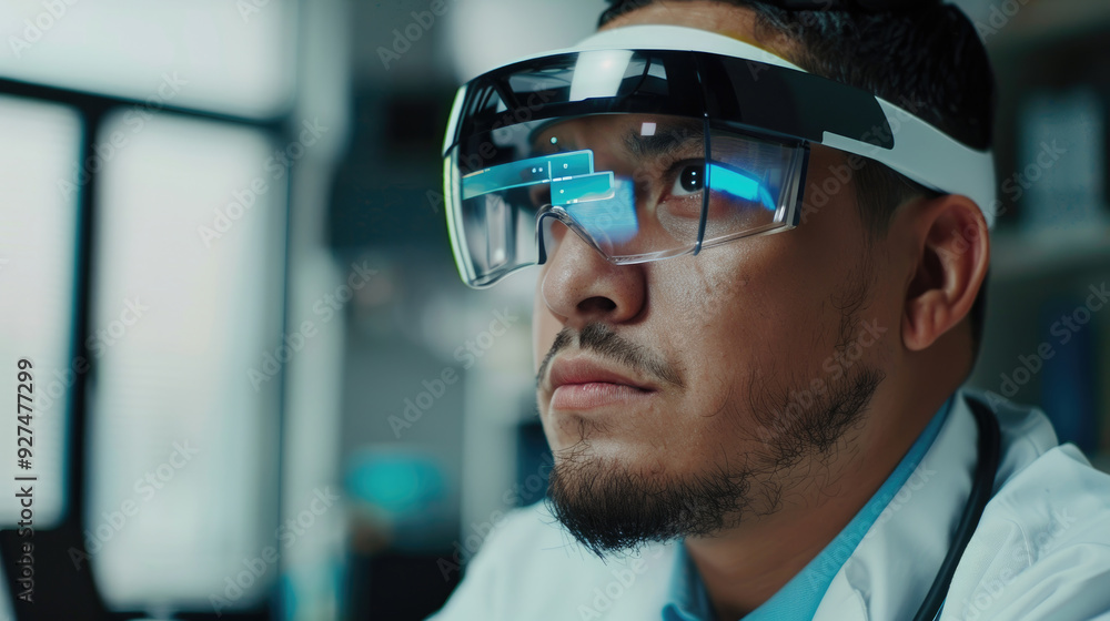 Poster a researcher intently examines data through augmented reality glasses in a modern laboratory setting