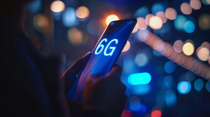 A user's touch on a device unlocks the vibrant visual interface of 6G, the next generation of mobile communication sprinting towards us.