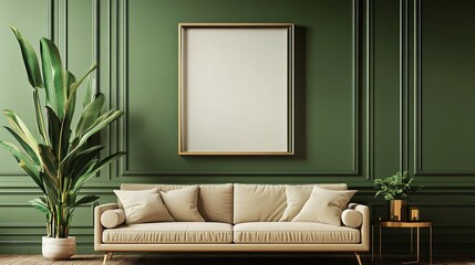 Picture frame mock-up in the interior of a modern living room on a green wall with a sofa and a plant in a vase, transparent wall art mock-up