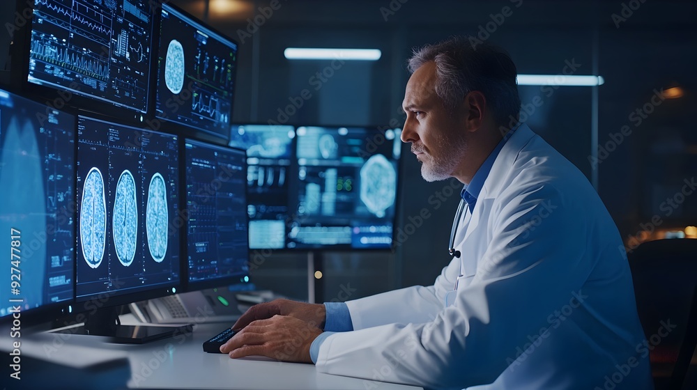 Poster scientist examining data and analytics on multiple screens in surveillance control room