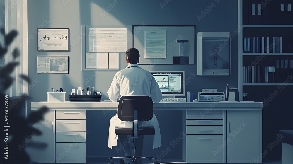 Poster focused businessman analyzing data on computer in modern office