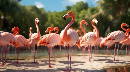 Obraz premium A photo of a flock of flamingos