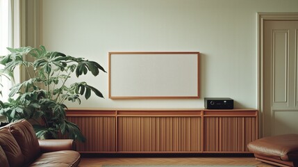 A flat empty white frame, complemented by modern decor items, adding a touch of elegance to the room.