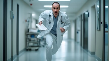 Fototapeta premium Healthcare Professional Rushing Down Hospital Corridor in Urgent Response
