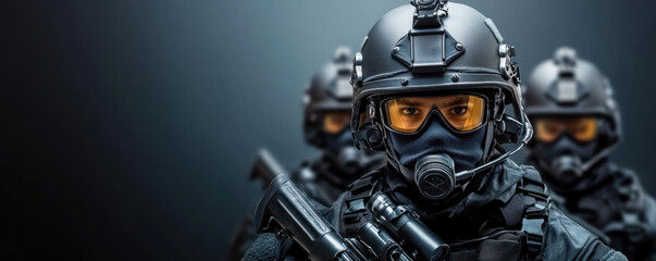 Obraz premium SWAT team member wearing full tactical gear and helmet, standing in formation, ready for a mission, with intense focus.