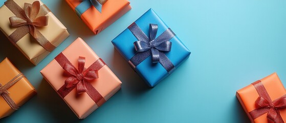 Colorful Gift Boxes with Ribbons on Blue Background - Perfect for Celebrations and Holidays