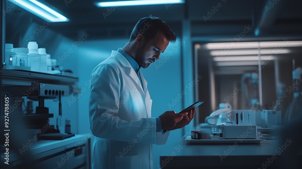 Poster scientist examining samples in a modern laboratory setting