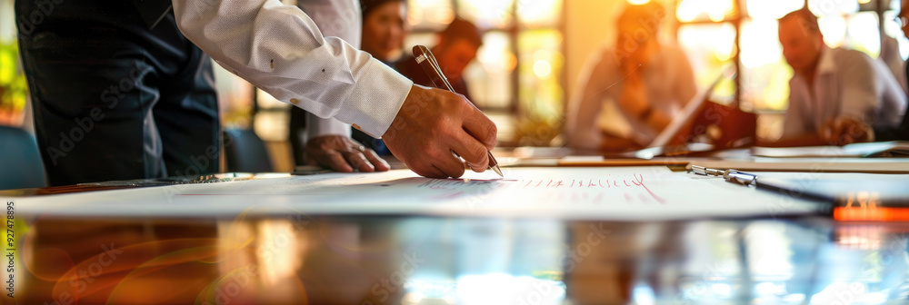 Poster a person writes on a large sheet of paper while colleagues discuss plans in a bright office setting
