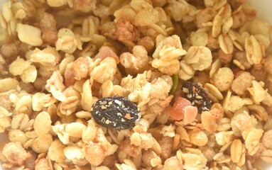 fruit granola dry cereal breakfast eat with fresh milk on bowl