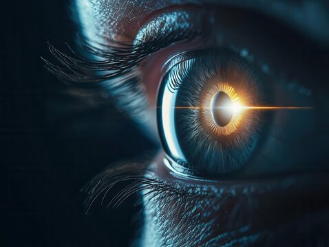 Holographic eye, radiating light, representing a visionary idea