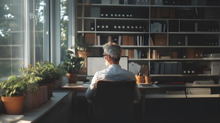 wideokonferencja, osoba, eleganckie wnętrze, profesjonalny strój, laptop, nowoczesne biurko, gustowny wystrój, obraz w ramie, rośliny doniczkowe, lampa podłogowa, naturalne światło, sztuczne oświetlen