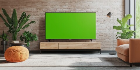 A bright and airy living room with a large green screen TV, featuring contemporary design elements and stylish decor.