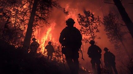 Firefighters Battling Raging Wildfire in Engulfed Forest at Nightfall