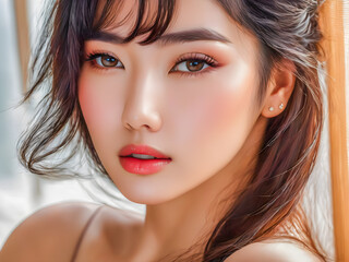 Stunning Asian portrait. Sensual smile of beautiful woman. Soft sunlight, charming eyes and clean skin. Facial spa, healthcare concept. Gorgeous girl face and long hairs. Fashion wellness. AI gen