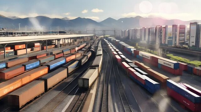 Busy atmosphere at a station with many trains and carriages carrying containers. Seamless 4K looping timelapse video animation background