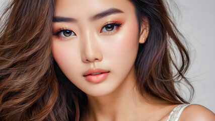 Stunning Asian portrait. Sensual smile of beautiful woman. Soft sunlight, charming eyes and clean skin. Facial spa, healthcare concept. Gorgeous girl face and long hairs. Fashion wellness. AI gen