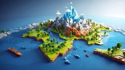 Naklejka premium A mesmerizing 3D cube world landscape that delights the senses with its vibrant colors stunning textures and surreal atmosphere Journey through this digital realm where each cube holds.