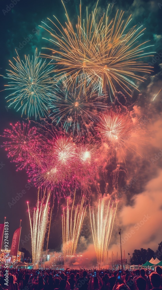 Wall mural Fireworks display over a crowd of people at a festival.