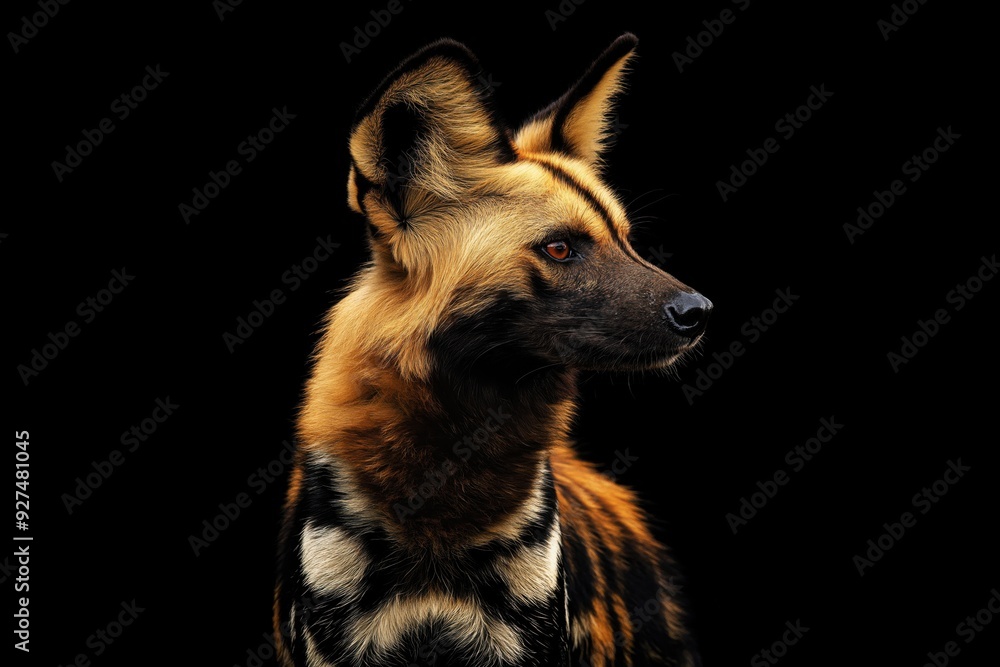 Wall mural Photo of an African wild dog isolated against a black background, emphasising the African wild dog's majestic features. Wildlife and conservation concept, space for copy.