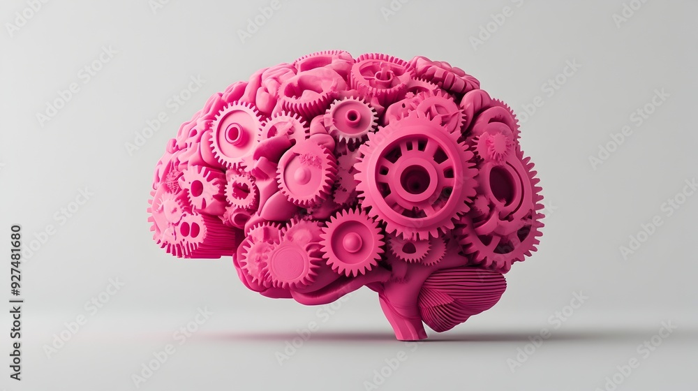 Poster mechanical brain intricate gears and cogs in conceptual pink monochrome design