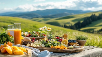 A rustic outdoor picnic scene with a spread of superfood salads, fresh fruits, and healthy snacks, set against a backdrop of rolling hills and blue skies