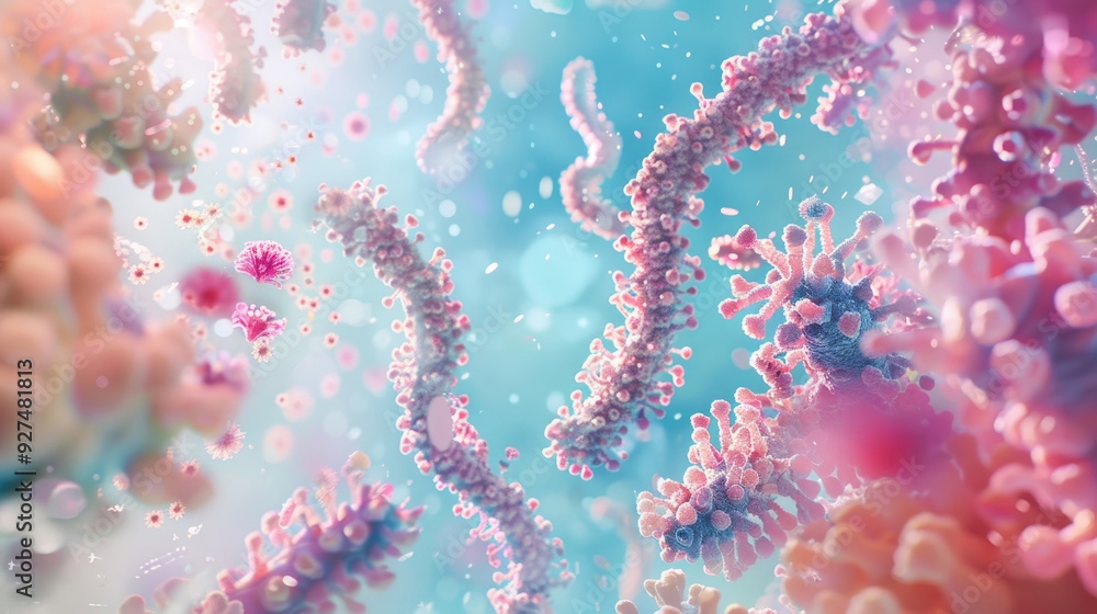 Poster bacteria and viruses intertwine in a colorful, abstract microscopic world filled with movement and t