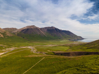 Vast aerial view of the Njardvik fjord in East fjords of Iceland