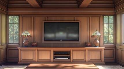 A grand living room with a large flat-screen TV, featuring rich wood tones and sophisticated furnishings.