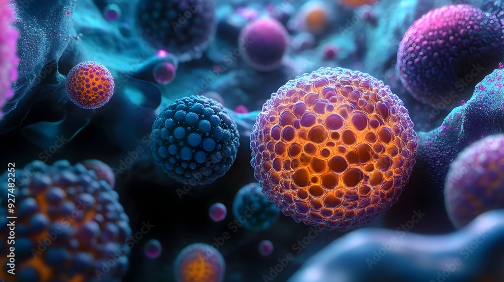 Poster vibrant microscopic abstract structures intricate molecular patterns in a biological ecosystem
