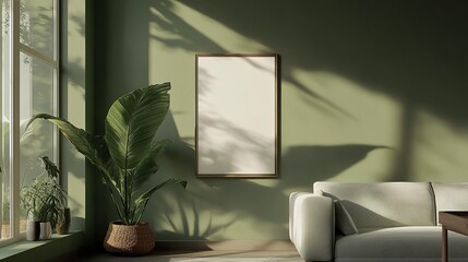 Picture frame mock-up in the interior of a modern living room on a green wall with a sofa and a plant in a vase, transparent wall art mock-up