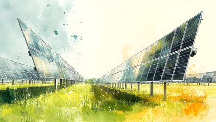 Artistic depiction of solar panels in a vibrant, green field, highlighting renewable energy and sustainable technology.
