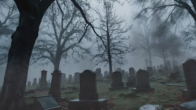 Spooky graveyard in fog
