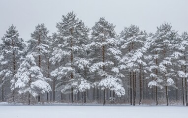 Snow-covered pine trees in a winter wonderland. 