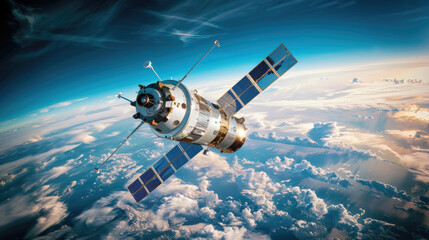 Obraz premium A satellite travels in low Earth orbit, showcasing stunning cloud formations and the blue planet below