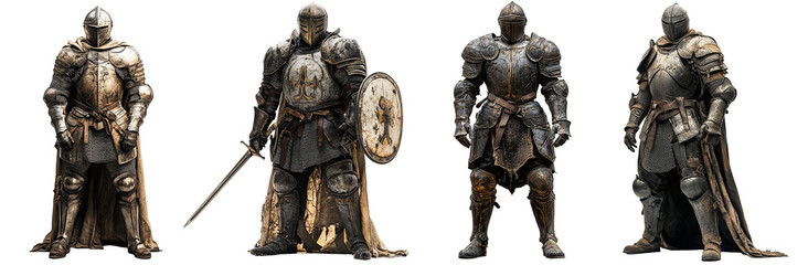 Medieval knights in full armor with detailed metalwork and historic design transparent background