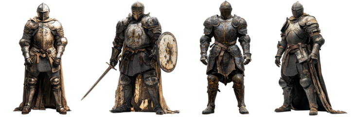 Medieval knights in full armor with detailed metalwork and historic design transparent background
