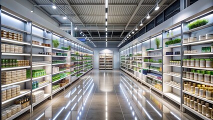 A vast, well-organized retail space with rows of shelves stocked with diverse products, fluorescent lighting, and a modern, sleek atmosphere.