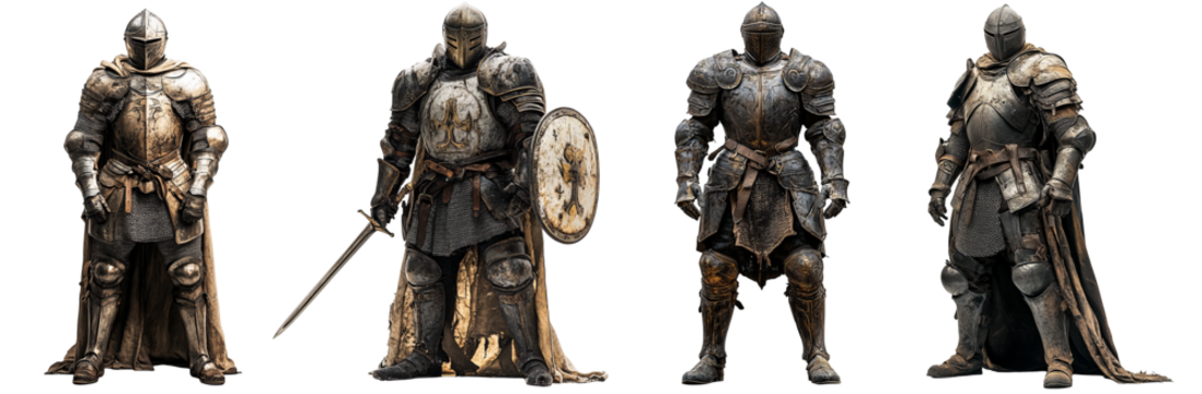 Medieval knights in full armor with detailed metalwork and historic design transparent background