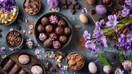 Fototapeta premium Colorful chocolates and flowers create a vibrant display perfect for spring celebrations
