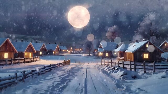 Nighttime atmosphere during a full moon in a village during winter with several roofs covered in snow. Seamless 4K looping timelapse video animation background